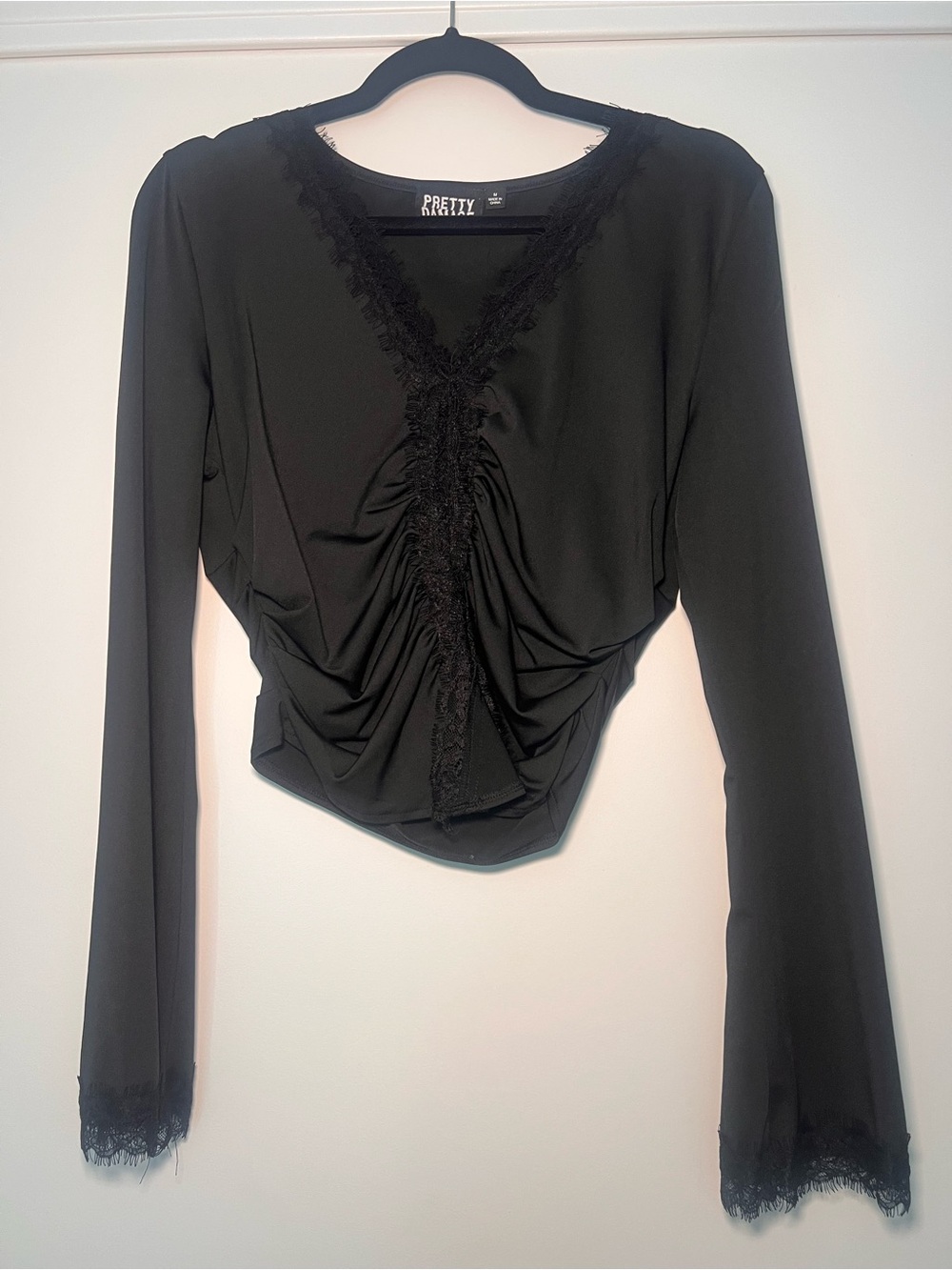 Pretty Damage Black Lace-Trim Ruched Long Sleeve Top